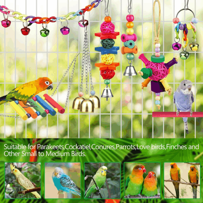 Bird Toys for Conures with Colorful Ladder Hammock Bird Cage Accerious Bird Perch Stand Chewing Toys Hanging Bell for Parrot Parakeet Cockatiel Lovebirds - Image 3
