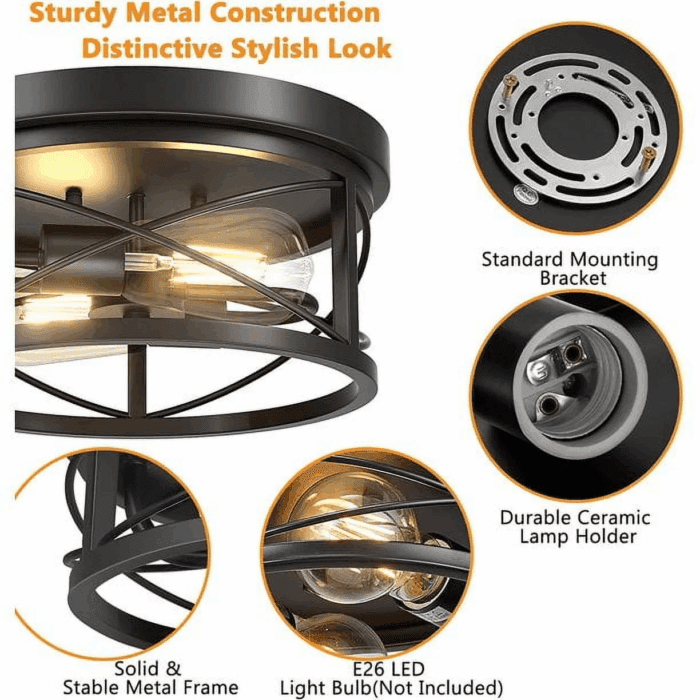 2-Light Flush Mount Ceiling Light Fixture Industrial Black Metal Farmhouse Close to Ceiling Lights for Kitchen Bedroom Foyer - Image 3