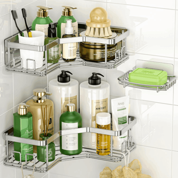Shower Caddy Organizer, 3-Pack Corner Shower Caddy Organizer Shelves Storage Rack Accessories Rustproof Stainless Steel for Bathroom Countertop Home Decor Set, Silver