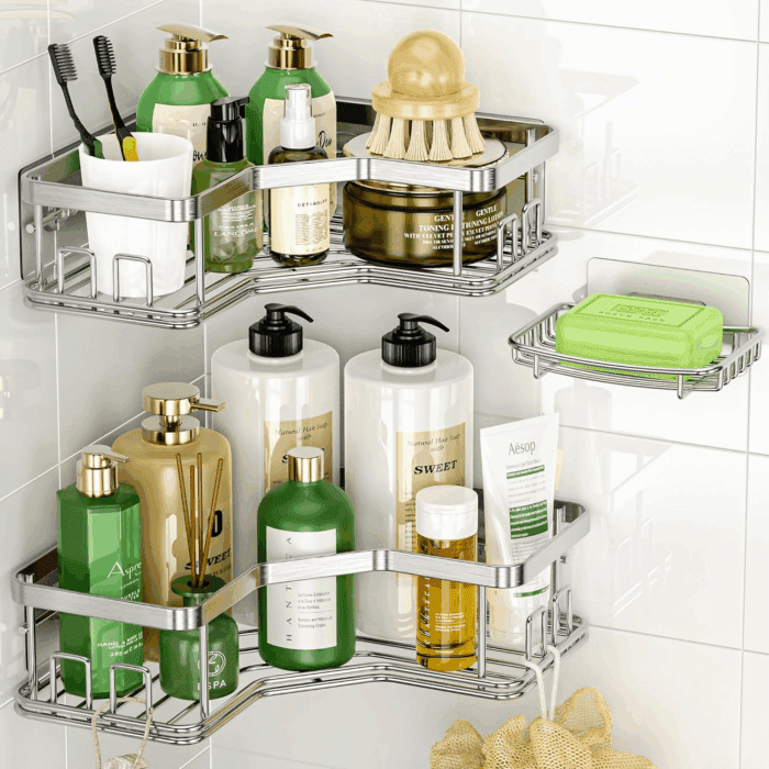 Shower Caddy Organizer, 3-Pack Corner Shower Caddy Organizer Shelves Storage Rack Accessories Rustproof Stainless Steel for Bathroom Countertop Home Decor Set, Silver