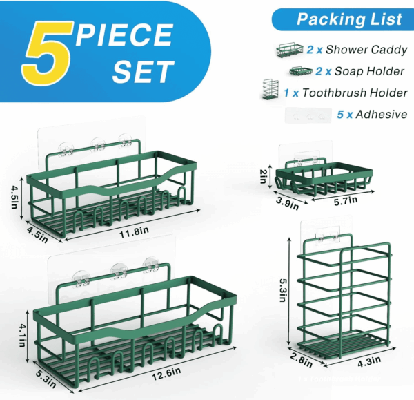 5-Pack Rustproof Stainless Steel Shower Caddy – No Drill Adhesive Bathroom Organizer with Large Capacity, Spacious Shower Shelves for inside Shower, Kitchen & Home Decor Storage - Image 7
