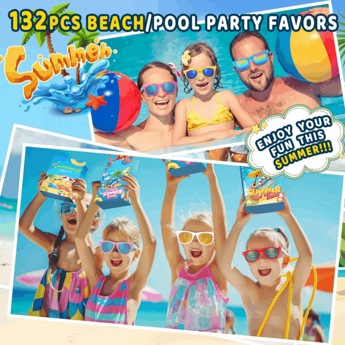 Pool Party Favors Beach Party Favors - 132PCS Summer Beach Pool Toys for Kids Include Beach Balls, Kids Sunglasses Bulk, Bubble Wands...Pool Party Supplies for Summer Birthday Party for Kids 4-8 8-12 - Image 2