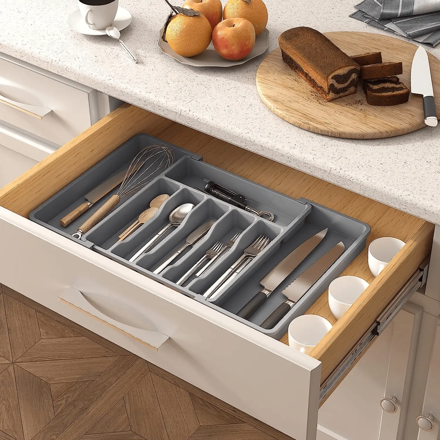 Silverware Drawer Organizer, Expandable Utensil Tray for Kitchen, BPA Free Flatware and Cutlery Holder, Adjustable Plastic Storage for Spoons Forks Knives, Large, Grey - Image 9