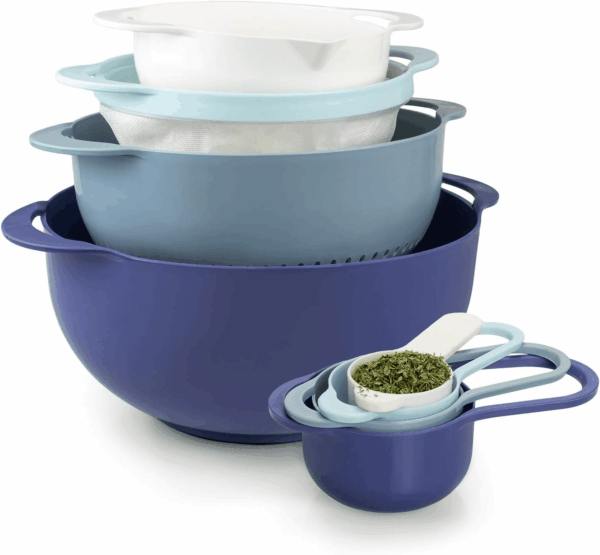 8Pc Nesting Bowl Set, Teal - Includes 2 Mixing Bowls, Colander, Sifter, 4 Measuring Cups, Polypropylene, Dishwasher Safe, BPA Free - Image 9