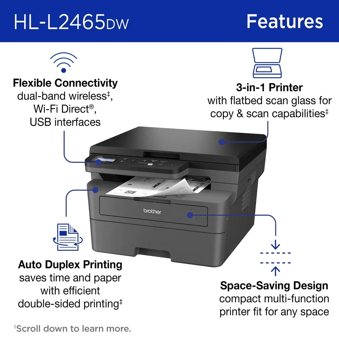 Wireless HL-L2465DW Compact Monochrome Multi-Function Laser Printer with Print, Copy and Scan, Duplex and Mobile Printing - Image 3