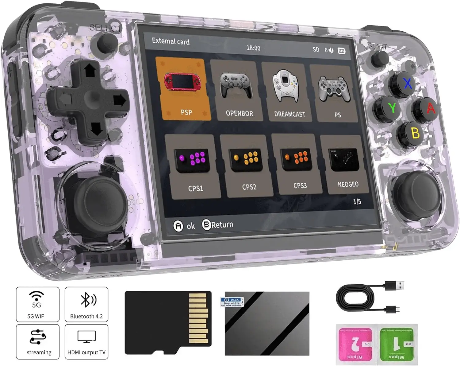 Handheld Game Console, 8 Hours of Battery Life, Large Power, High-Precision Twin Joyssticks, 5528 Games, Support HDMI TV Output 5G Wifi Bluetooth 4.2(Transparent Purple)