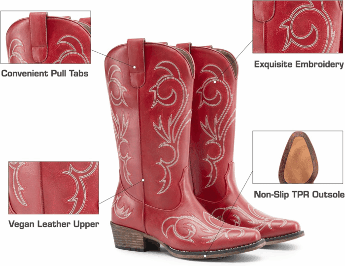 Women'S Cowboy Boots Mid Calf Cowgirl Boots Square Toe Chunky Heel Embroidery Stitched Western Boots - Image 5