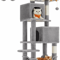 Cat Tree, 61-Inch Cat Tower for Indoor Cats, Plush Multi-Level Cat Condo with 5 Scratching Posts, 2 Perches, 2 Caves, Hammock, 2 Pompoms, Light Gray UPCT192W01