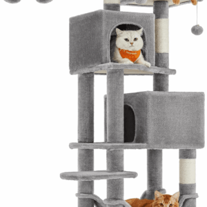 Cat Tree, 61-Inch Cat Tower for Indoor Cats, Plush Multi-Level Cat Condo with 5 Scratching Posts, 2 Perches, 2 Caves, Hammock, 2 Pompoms, Light Gray UPCT192W01