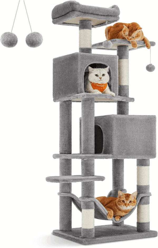 Cat Tree, 61-Inch Cat Tower for Indoor Cats, Plush Multi-Level Cat Condo with 5 Scratching Posts, 2 Perches, 2 Caves, Hammock, 2 Pompoms, Light Gray UPCT192W01