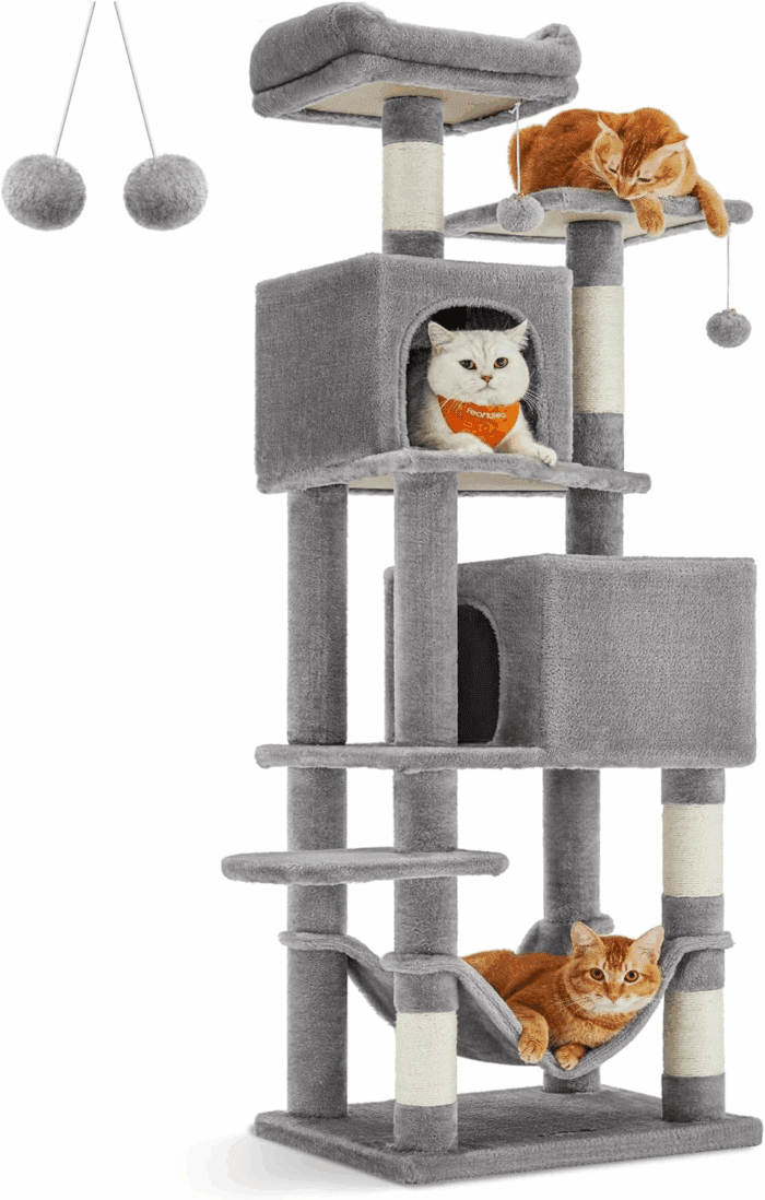 Cat Tree, 61-Inch Cat Tower for Indoor Cats, Plush Multi-Level Cat Condo with 5 Scratching Posts, 2 Perches, 2 Caves, Hammock, 2 Pompoms, Light Gray UPCT192W01