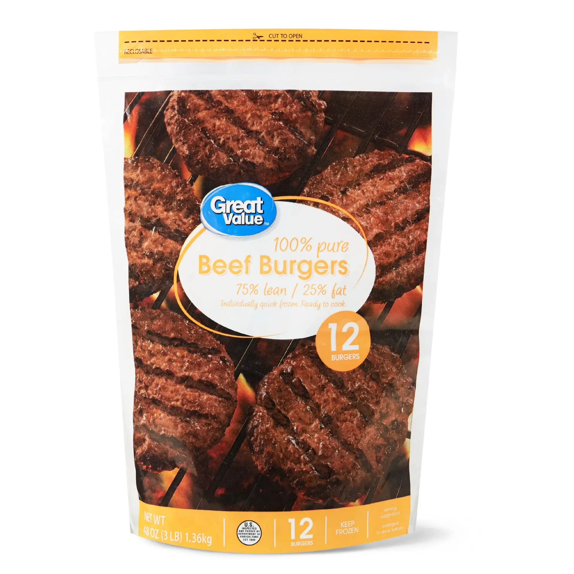 100% Pure Beef Burgers, 75% Lean/25% Fat, 3 Lbs, 12 Count (Frozen)