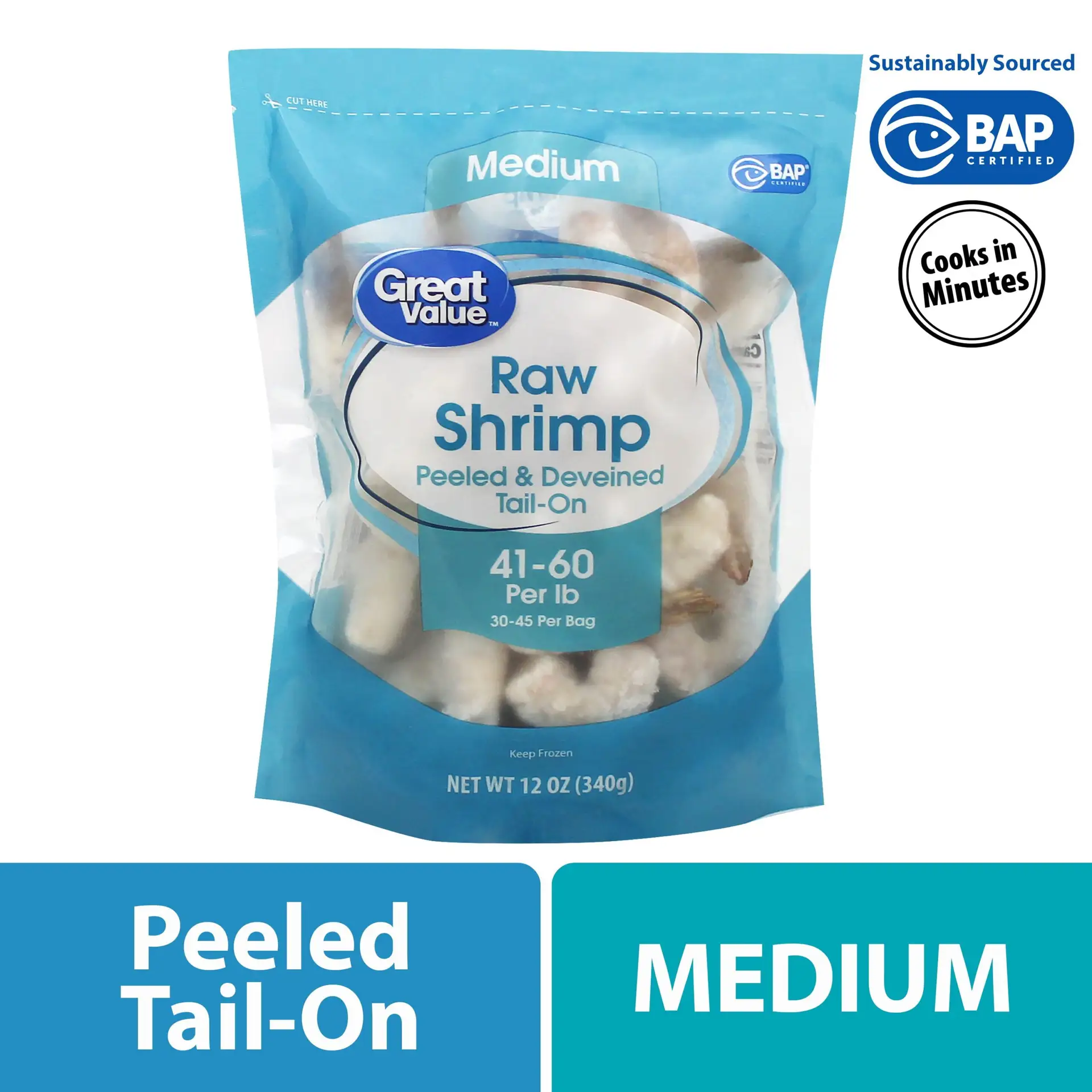 Frozen Raw Medium Peeled Deveined Tail-On Shrimp, 12 Oz (41-60 Count per Lb)