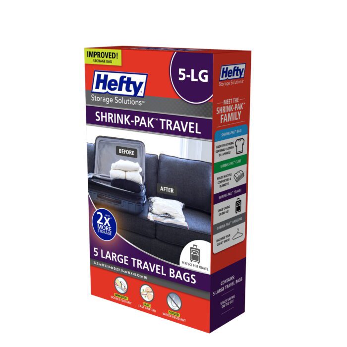 SHRINK-PAK 5 Large Rolled Compression Travel Bags, Travel Organization, Adults and Tweens