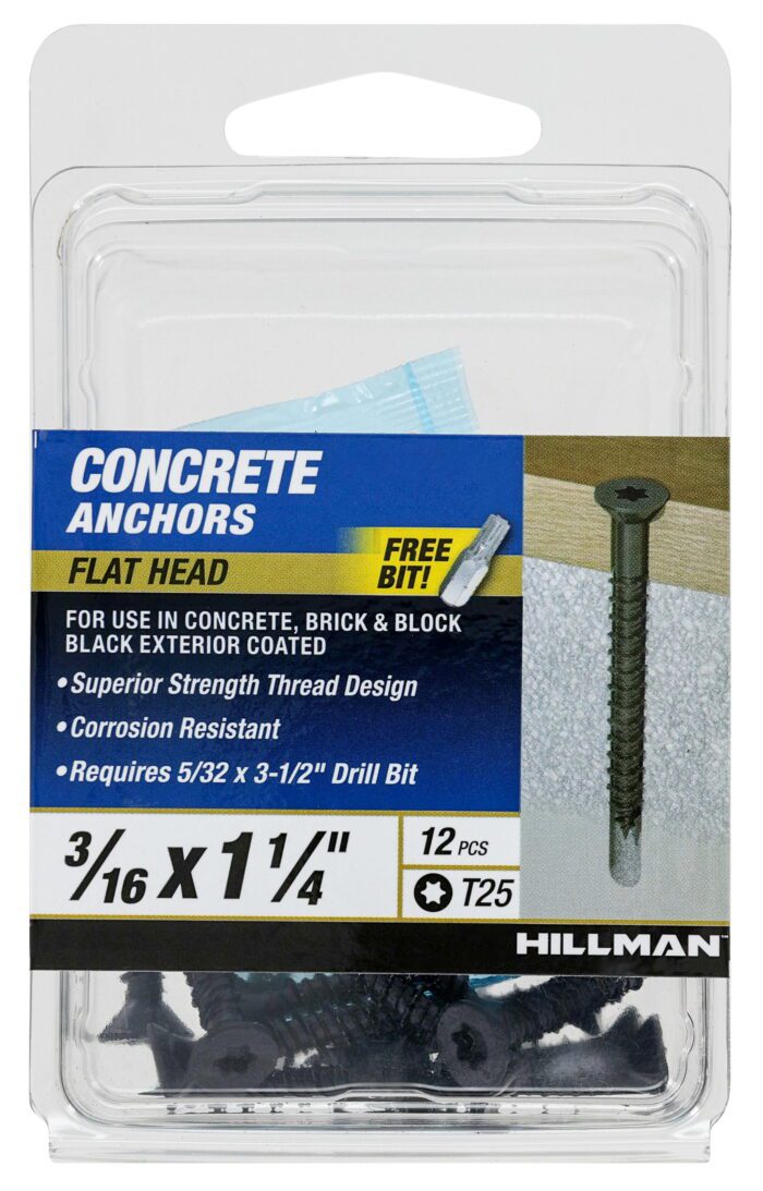 Concrete Screw Anchor Black, 3/16 X 1.25", Flat Head, Steel, New, 12 Pack