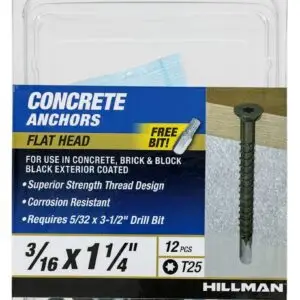 Concrete Screw Anchor Black, 3/16 X 1.25", Flat Head, Steel, New, 12 Pack