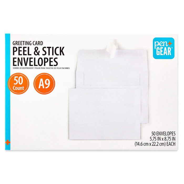 A9 Greeting Peel and Stick Envelopes, White, 5.75 in X 8.75 In, 50 Count