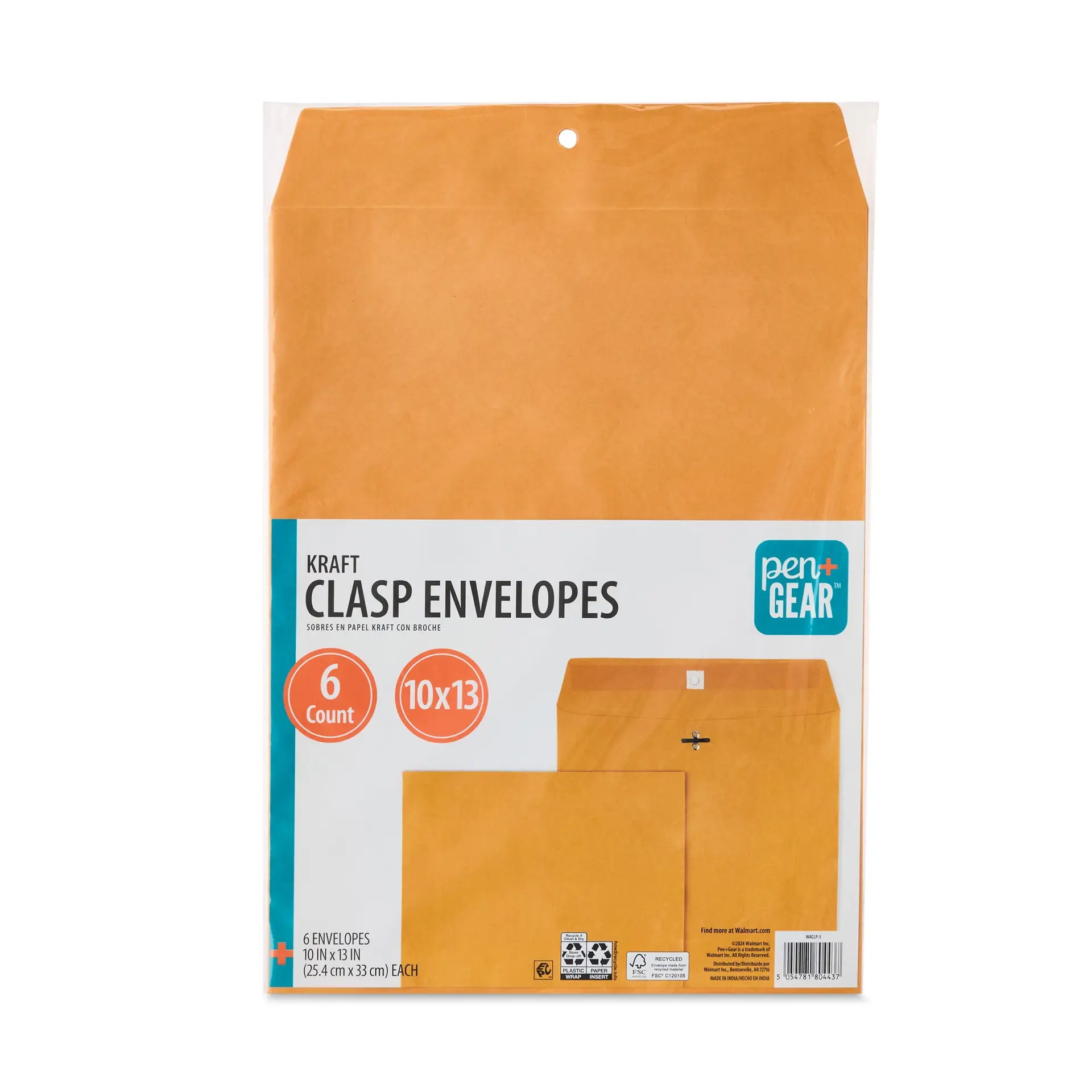Kraft Clasp Envelopes, 10 in X 13 In, 6 Count