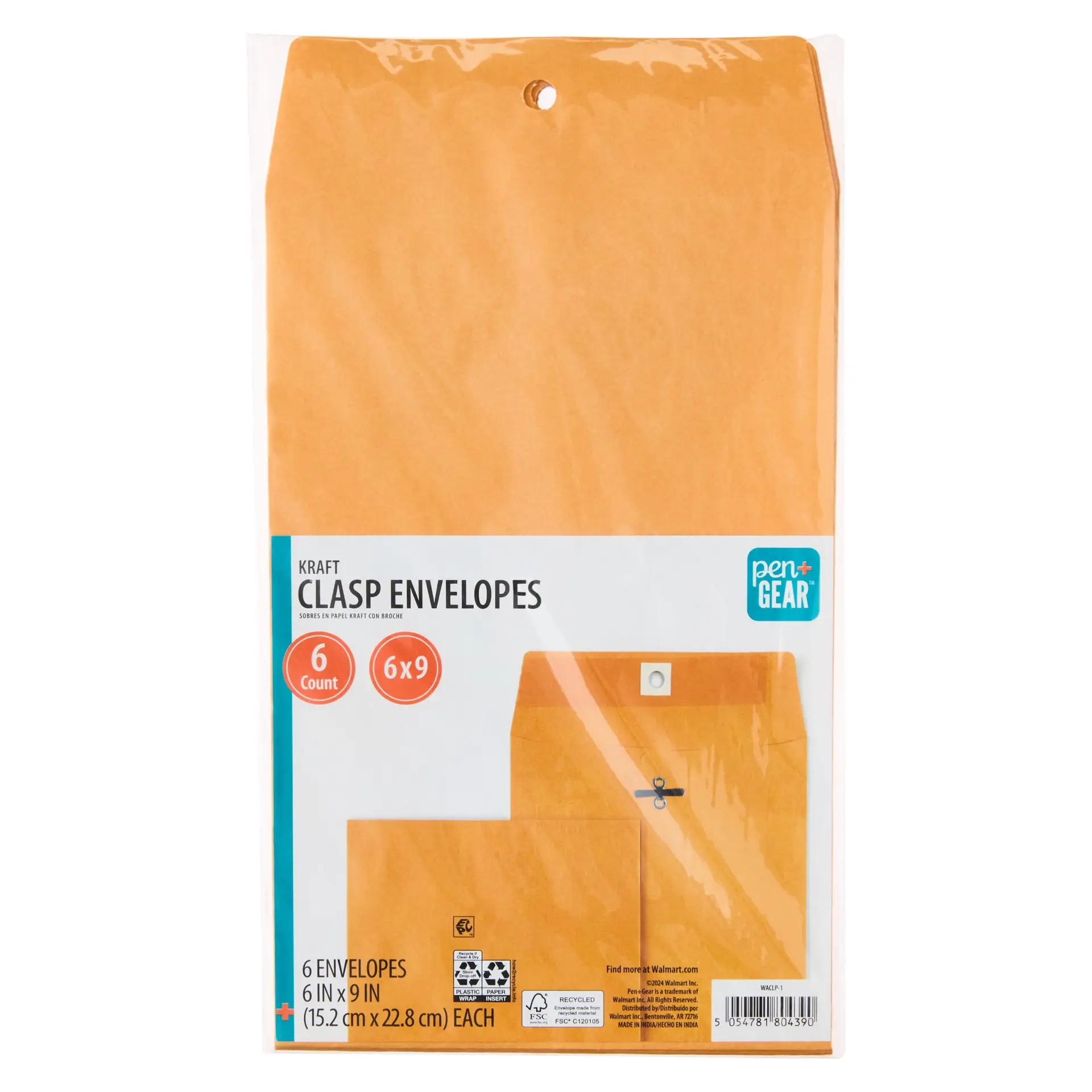 Kraft Clasp Envelopes, 6 in X 9 In, 6 Count