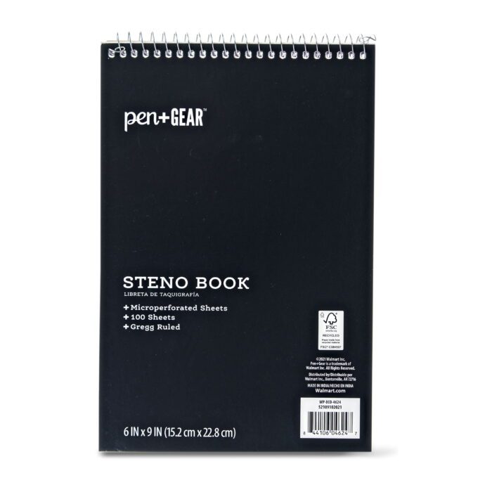 Top Spiral Steno Pad, Gregg Ruled Paper, 100 Sheets, Black, 1 Count, 0 Holes