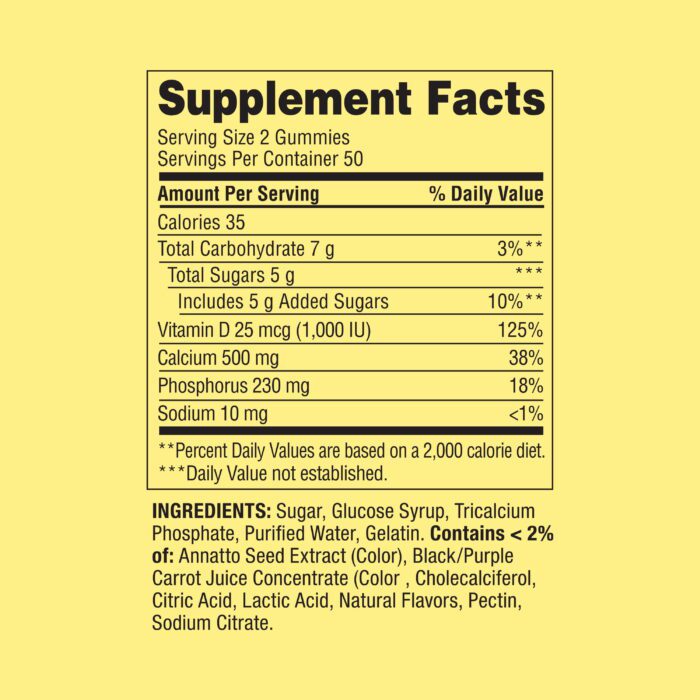 Calcium 500 Mg plus Vitamin D 25 Mcg Bone Health Dietary Supplement Gummies, 100 Count - Image 2