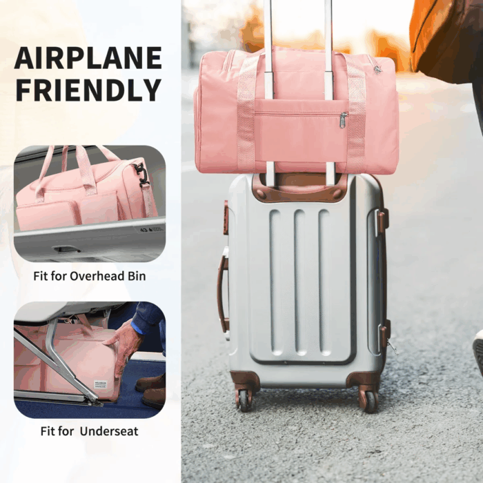 Travel Duffel Bag for Women, Foldable Weekender Overnight Bag with Shoe Compartment, Waterproof Shoulder Sports Tote Gym Bag with Toiletry Bag for Travel, Hospital Holdalls, Pink - Image 6