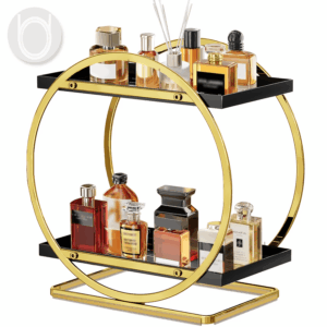 2 Tier Anti-Slip & Anti-Sway Perfume Organizer for Dresser, Solid Carbon Steel Perfume Stand with Silicone Anti-Slip Strips, Multifunction Perfume Display for Lotion, Cosmetic, Skincare, Gold
