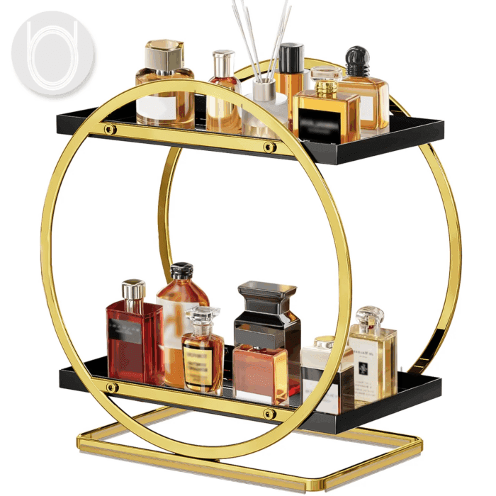 2 Tier Anti-Slip & Anti-Sway Perfume Organizer for Dresser, Solid Carbon Steel Perfume Stand with Silicone Anti-Slip Strips, Multifunction Perfume Display for Lotion, Cosmetic, Skincare, Gold