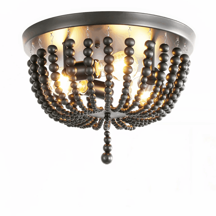 Black 12.6 Inch Wood Bead Chandelier Flush Mount Ceiling Light Fixture 3-Light Boho Light Fixtures Ceiling Farmhouse Chandeliers for Bedroom Dining Room - Image 11