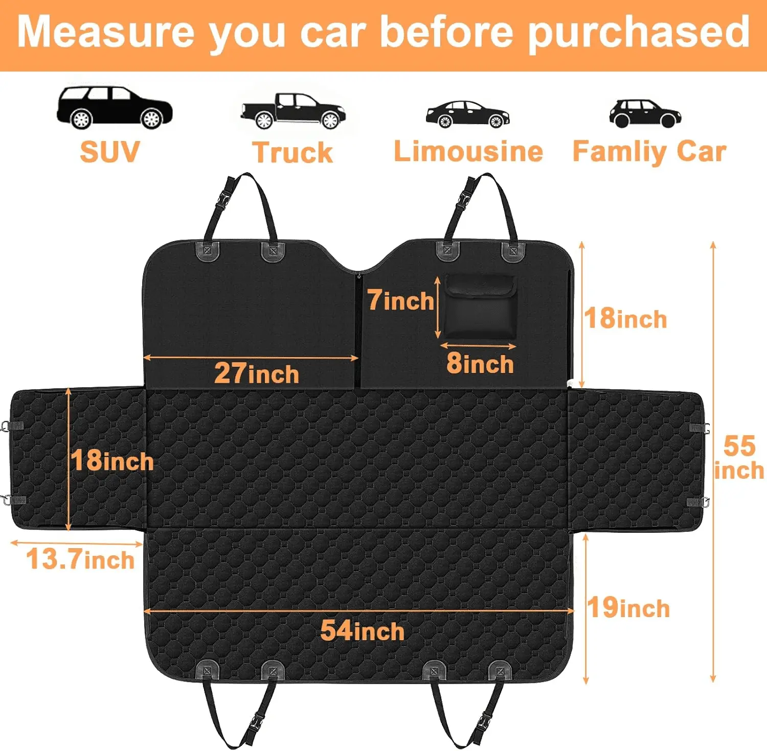 Dog Car Seat Cover for Back Seat, Waterproof Car Seat Protector for Dogs with Side Flaps, Scratchproof Dog Hammock with Nonslip Bottom for Suvs, Standard(54" Wx55 L) All Black - Image 6