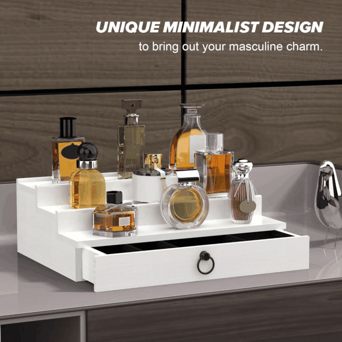 Cologne Organizer for Men, 3 Tier Wood Perfume Organizer with Felt Lining Drawer and Hidden Compartment, White Perfume Display Holder, a Gift for Men - Image 8