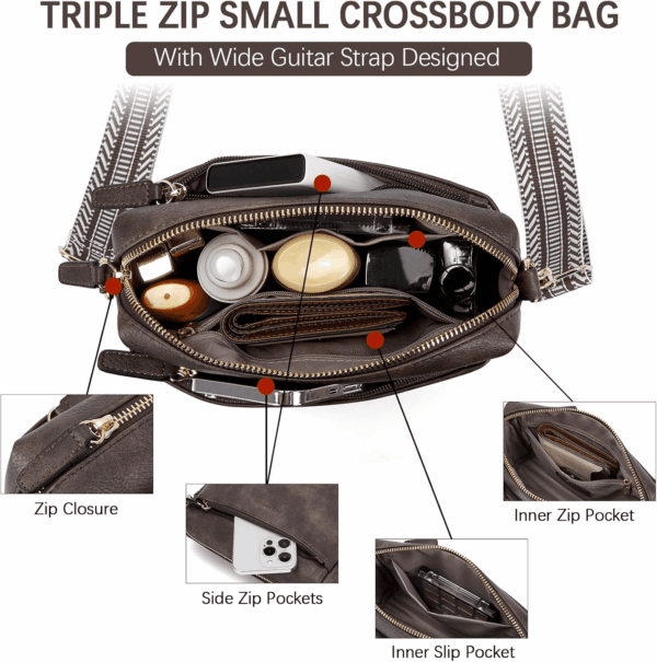 Small Crossbody Purse for Women Triple Zip Cell Phone Leather Handbag with Colored Shoulder Strap - Image 6