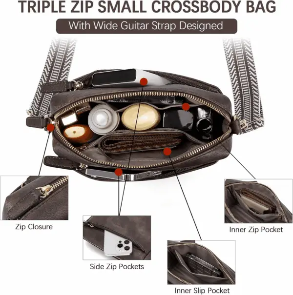 Small Crossbody Purse for Women Triple Zip Cell Phone Leather Handbag with Colored Shoulder Strap - Image 6