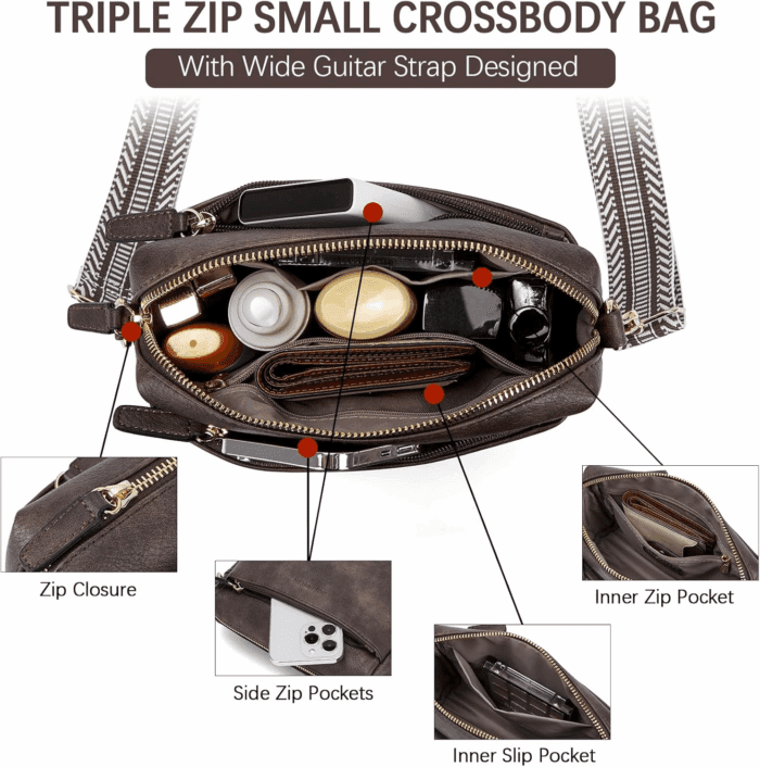 Small Crossbody Purse for Women Triple Zip Cell Phone Leather Handbag with Colored Shoulder Strap - Image 6