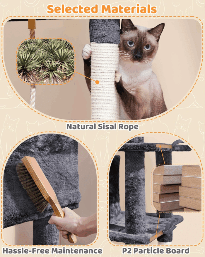 Large Multi-Level Cat Tree, 63 Inches Tall with Sisal-Covered Scratching Posts, Condo, Hammock, Dangling Ball, and Extended Platform for Cats to Play and Sleep - Image 7