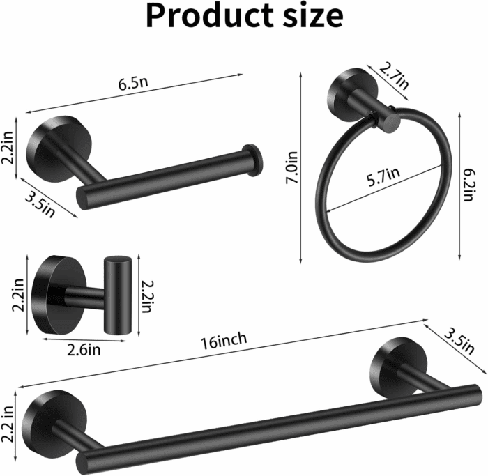 Bathroom Hardware Set Black 10 Pieces, Towel Bar Set Matte Black Stainless Steel Towel Rack Set Includes 2PCS 16'' Towel Bar, 4PCS Towel Hooks, 2PCS Toilet Paper Holder and 2PCS Towel Ring - Image 4