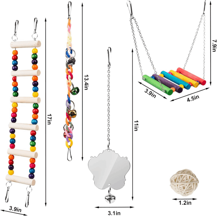 7Pcs Bird Toys for Parakeets & Small Birds - Wooden Perch Swings, Ladder & Climbing Toys for Conure, Cockatiel & Budgie - 18'' - Image 6