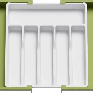 Silverware Drawer Organizer, Expandable Utensil Tray for Kitchen, BPA Free Flatware and Cutlery Holder, Adjustable Plastic Storage for Spoons Forks Knives, Large, Green&White