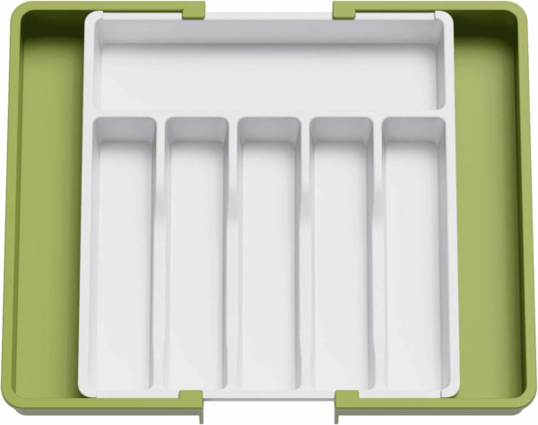 Silverware Drawer Organizer, Expandable Utensil Tray for Kitchen, BPA Free Flatware and Cutlery Holder, Adjustable Plastic Storage for Spoons Forks Knives, Large, Green&White