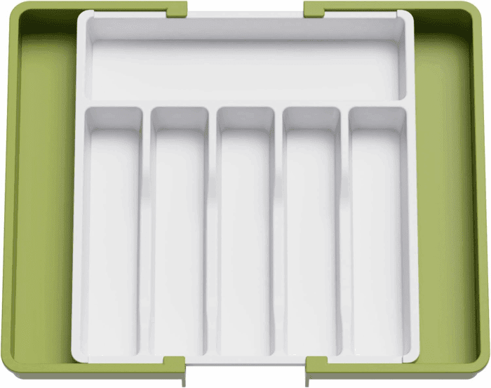 Silverware Drawer Organizer, Expandable Utensil Tray for Kitchen, BPA Free Flatware and Cutlery Holder, Adjustable Plastic Storage for Spoons Forks Knives, Large, Green&White