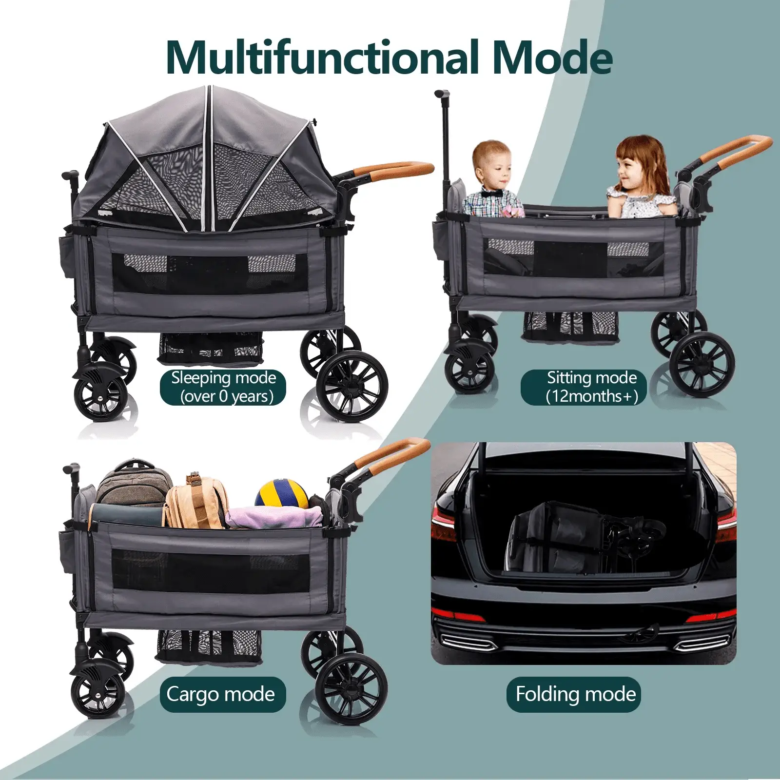 Wagon Stroller for 2 Kids - Push-Pull Double Lightweight Folding Stroller for Toddler - Image 6