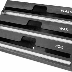Wrapneat 3 in 1 Wrap Organizer with Cutter and Labels, Plastic Wrap, Aluminum Foil and Wax Bamboo Dispenser for Kitchen Storage Organization Holder for 12" Roll (Black)
