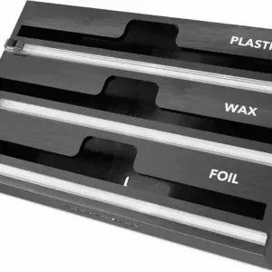 Wrapneat 3 in 1 Wrap Organizer with Cutter and Labels, Plastic Wrap, Aluminum Foil and Wax Bamboo Dispenser for Kitchen Storage Organization Holder for 12" Roll (Black)