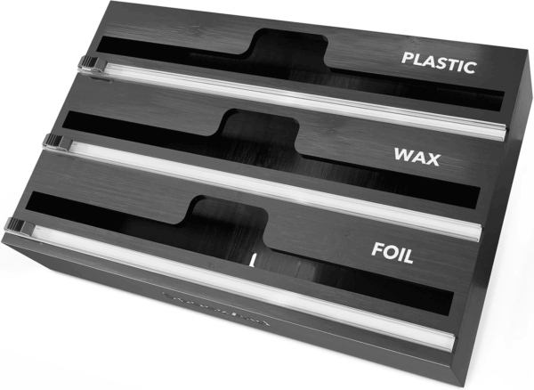 Wrapneat 3 in 1 Wrap Organizer with Cutter and Labels, Plastic Wrap, Aluminum Foil and Wax Bamboo Dispenser for Kitchen Storage Organization Holder for 12" Roll (Black)