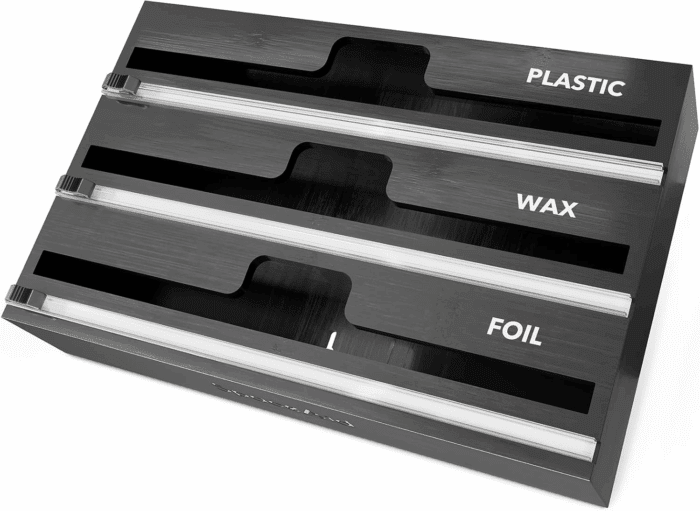 Wrapneat 3 in 1 Wrap Organizer with Cutter and Labels, Plastic Wrap, Aluminum Foil and Wax Bamboo Dispenser for Kitchen Storage Organization Holder for 12" Roll (Black)