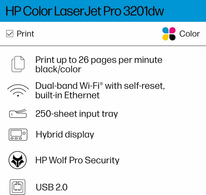 Color Laserjet Pro 3201Dw Wireless Color Laser Printer, Office Printer, Duplex, Best-For-Office (499Q9F) - Image 2