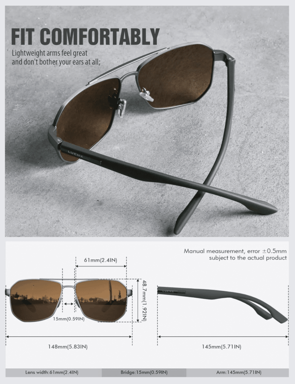 Aviator Sunglasses for Men Square Polarized Polygon Lens - UV 400 Protection with Accessories 61MM Driving Outdoor - Image 6