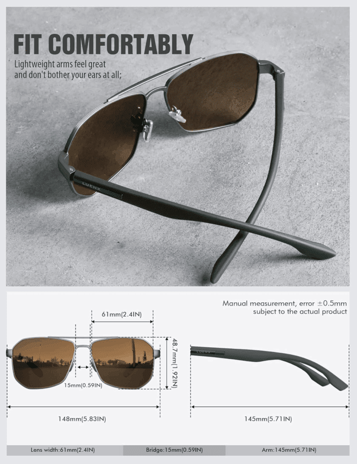 Aviator Sunglasses for Men Square Polarized Polygon Lens - UV 400 Protection with Accessories 61MM Driving Outdoor - Image 6