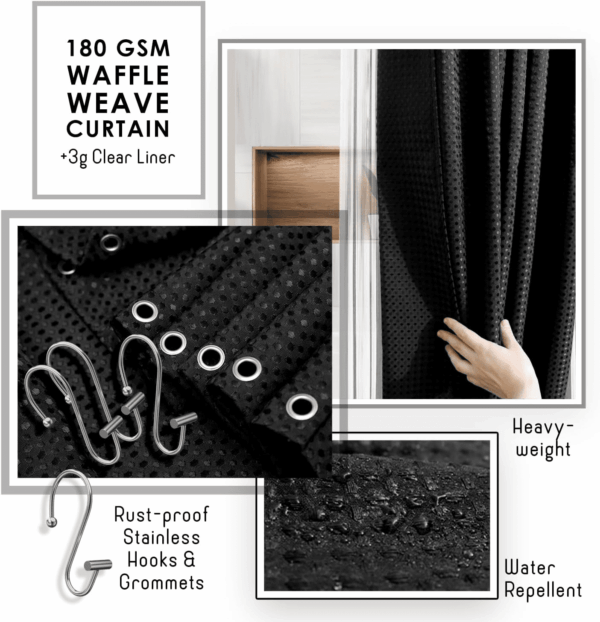 Bathroom Accessories Set - Bathroom Set, 20PC Bathroom Accessory Set, Black Shower Curtain Set, Toilet Brush, Trash Can & Soap Dispenser - Image 4