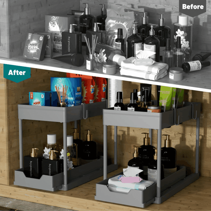 Under Sink Organizer 2 Pack，Bathroom Cabinet Organizer，2 Tier Sliding Cabinet Basket Organizer Drawer, Multi-Purpose Bath Collection Baskets for Bathroom (Grey) - Image 3